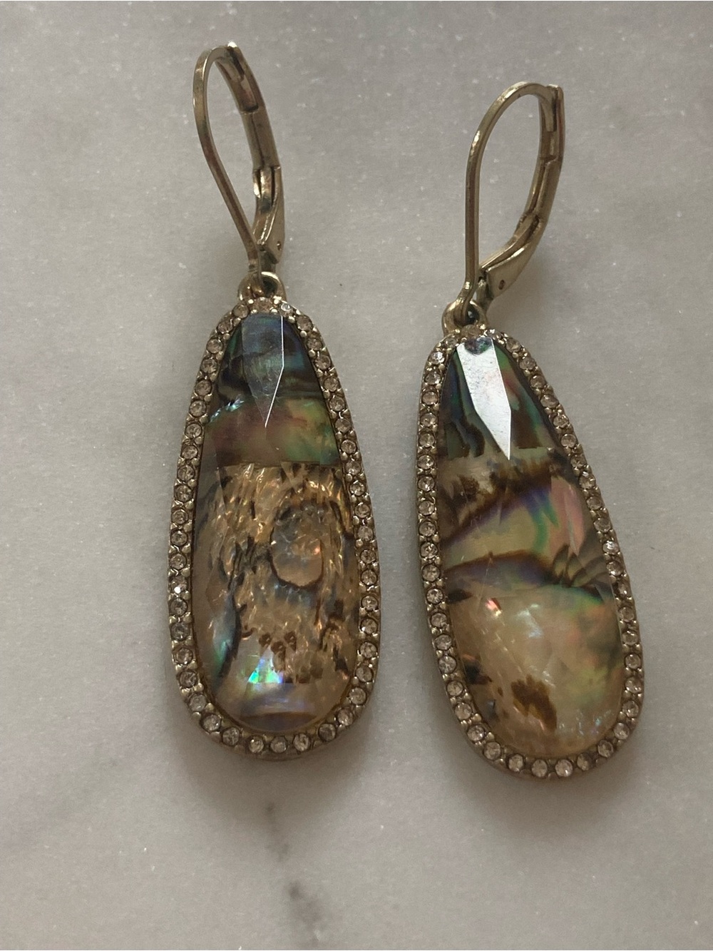 Abalone-style Teardrop Dangle Earrings with Pavé Crystal Border